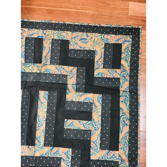 Vintage Handmade And Machine Sewn Wall Hanging Quilt Black Teal Orange 44 X 32 - Picture 12 of 12